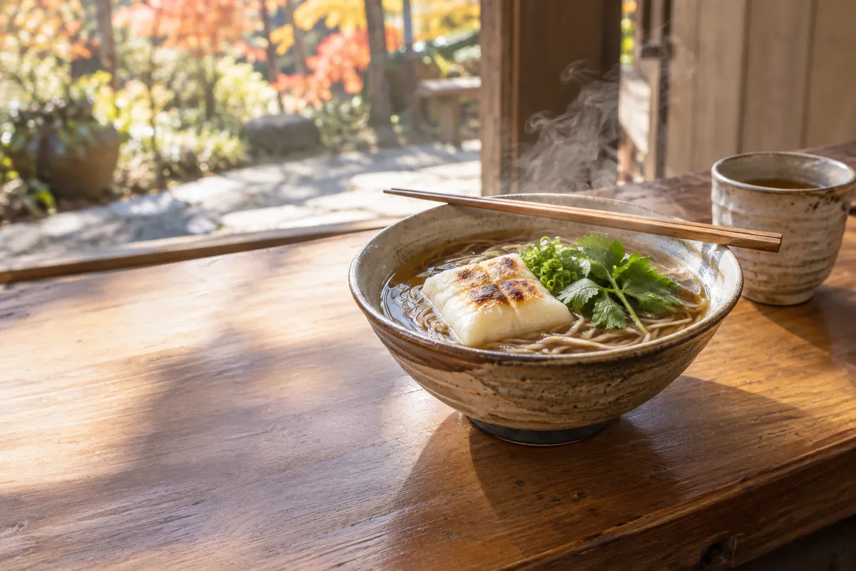 焼いたもちをのせた温かい力そばの器