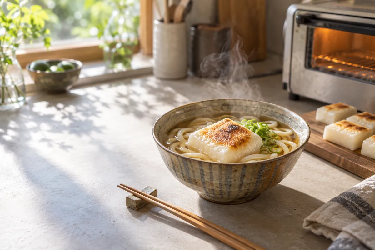 焼いたもちをのせた力うどんと切りもち