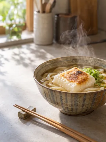 焼いたもちをのせた力うどんと切りもち