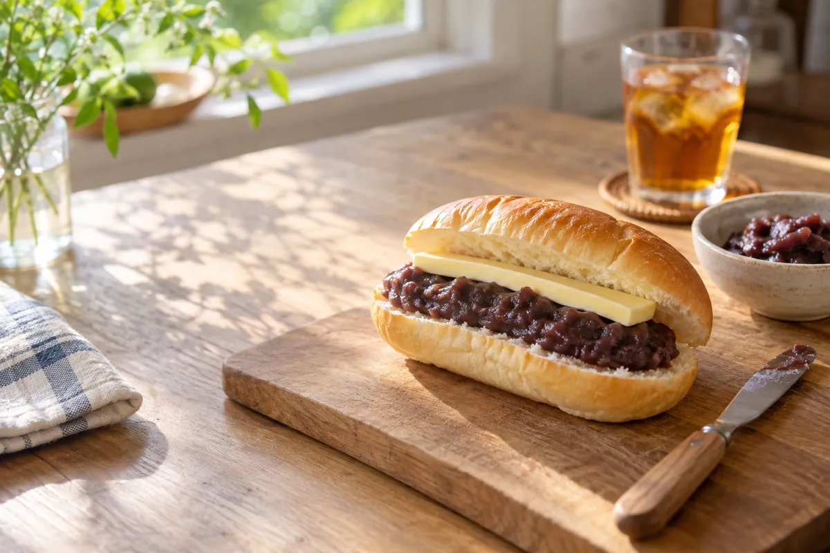 コッペパンにあんことバターを挟む台所の手元