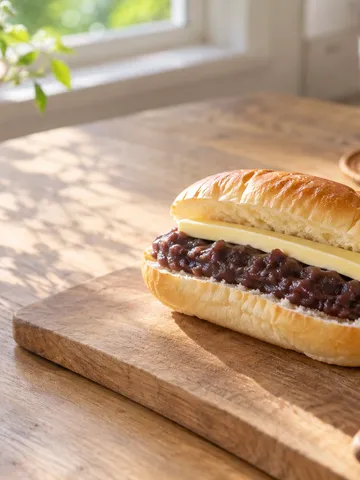 コッペパンにあんことバターを挟む台所の手元