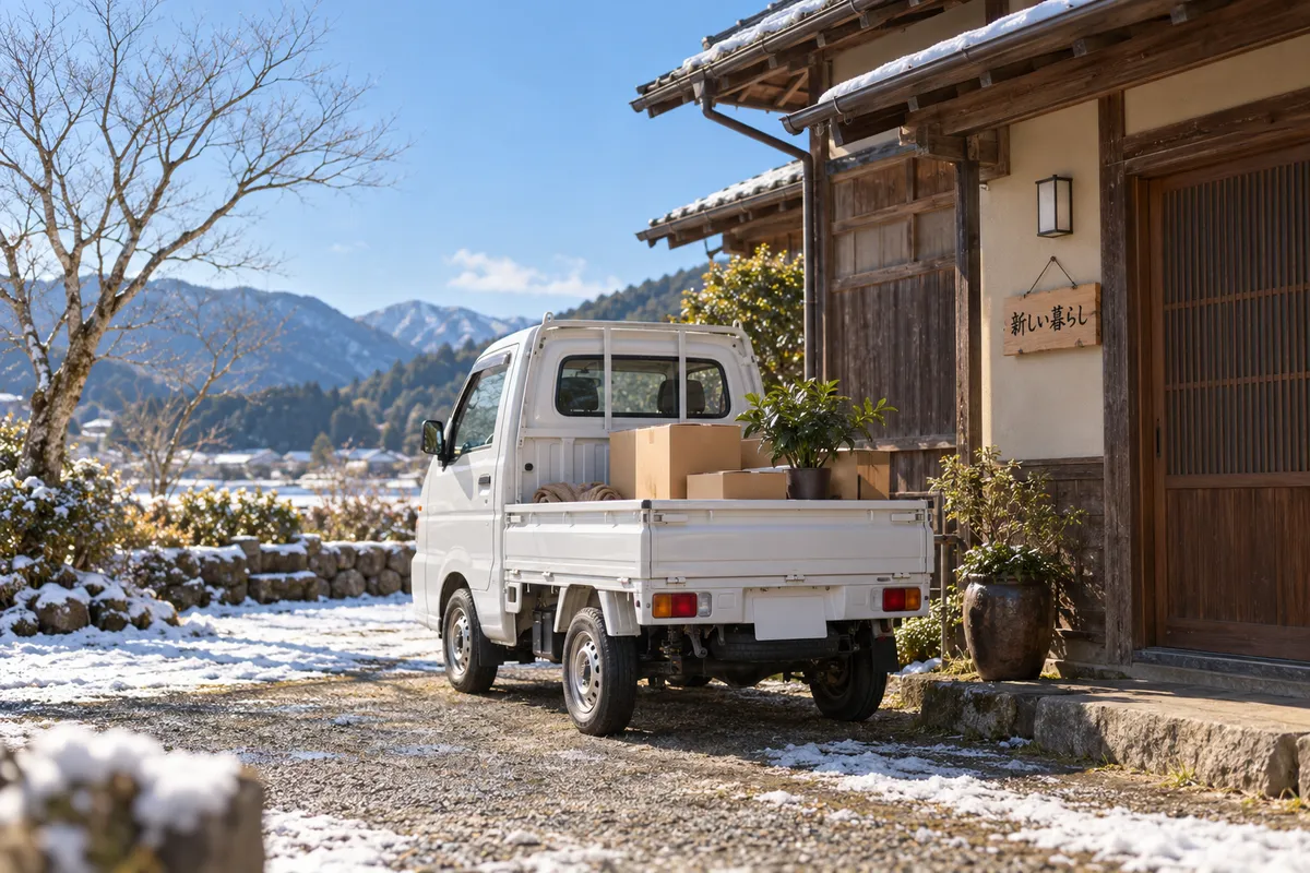 雪の残る古民家前の軽トラと「新しい暮らし」の木札