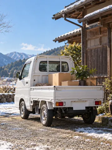 雪の残る古民家前の軽トラと「新しい暮らし」の木札