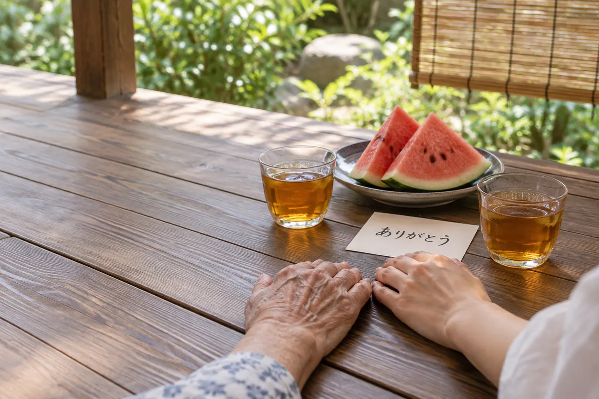 縁側で麦茶とスイカ、ありがとうと書かれたはがき