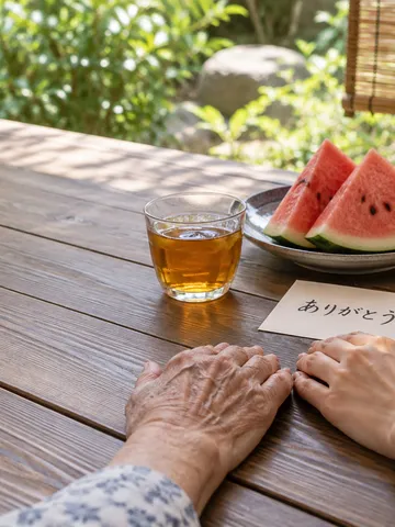 縁側で麦茶とスイカ、ありがとうと書かれたはがき
