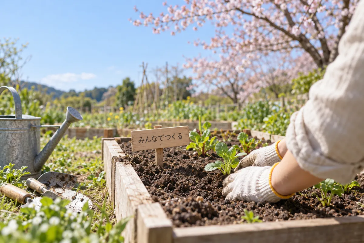 春の地域の菜園で苗を植える手元と木の札