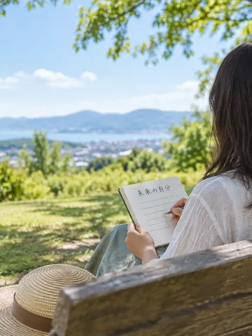 公園のベンチで「未来の自分」と書かれたノートを開く手元