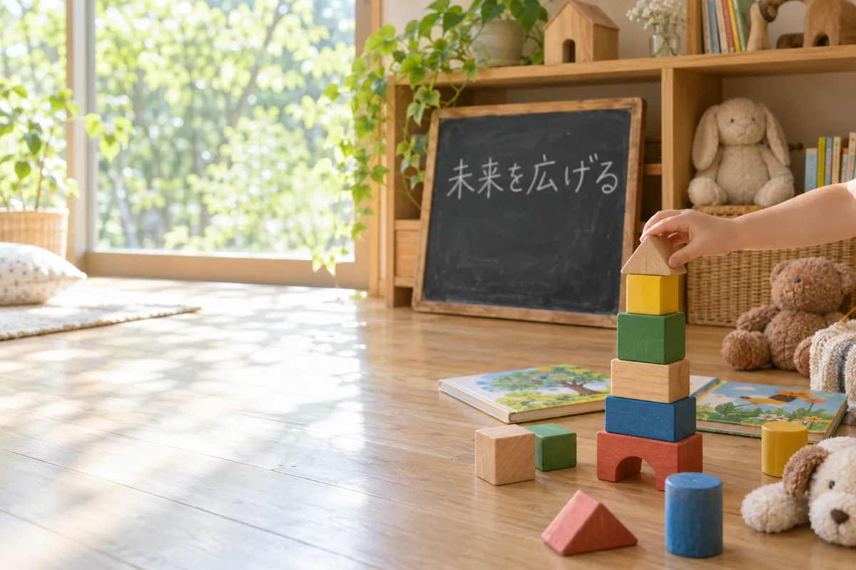 積み木で遊ぶ子どもの手と「未来を広げる」の黒板