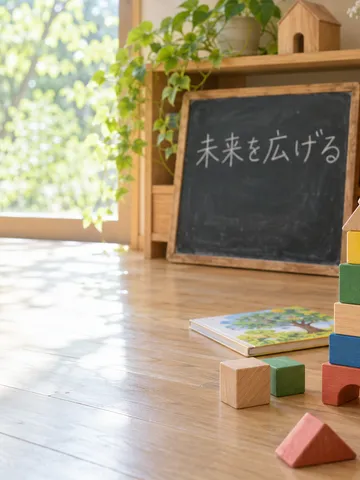 積み木で遊ぶ子どもの手と「未来を広げる」の黒板