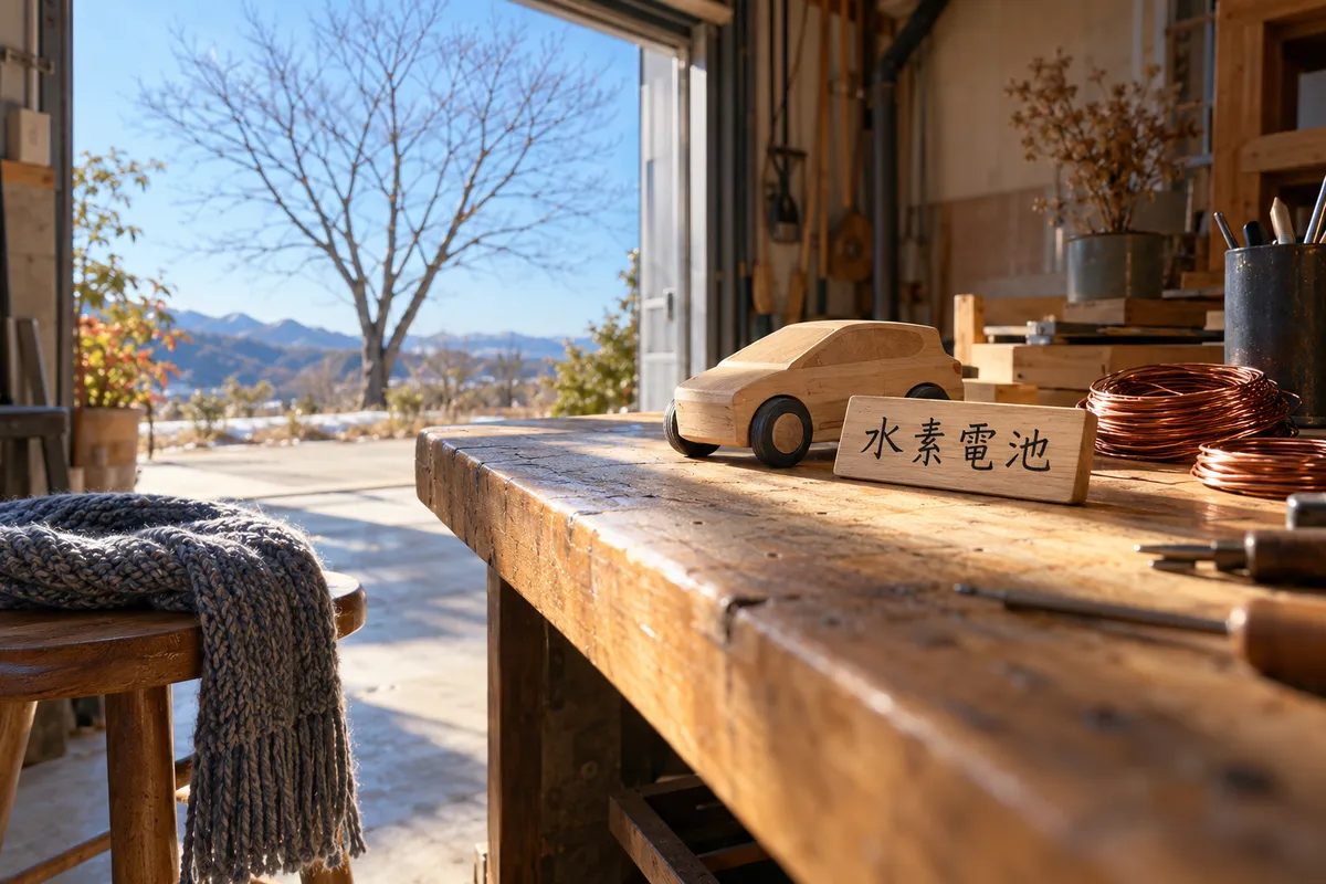 「水素電池」の木札と模型の車がある作業台