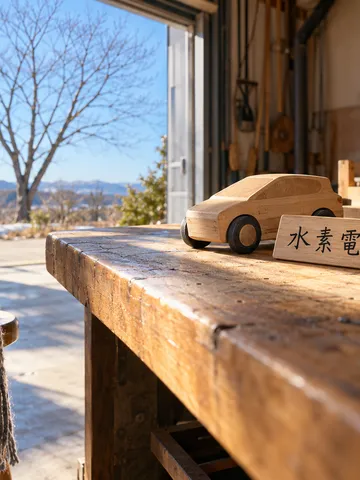 「水素電池」の木札と模型の車がある作業台