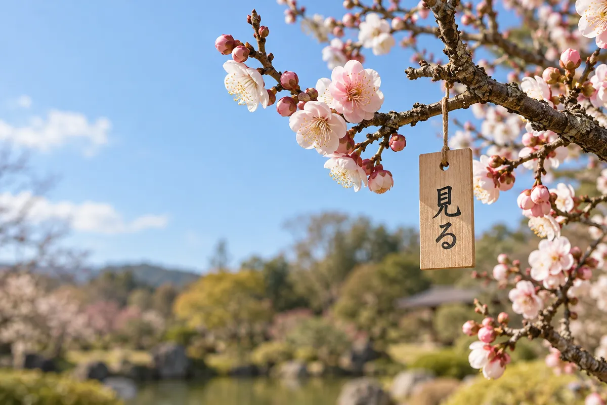 梅の枝に下がる「見る」と書かれた木の札