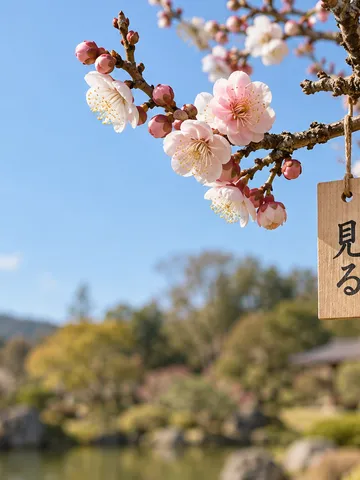 梅の枝に下がる「見る」と書かれた木の札