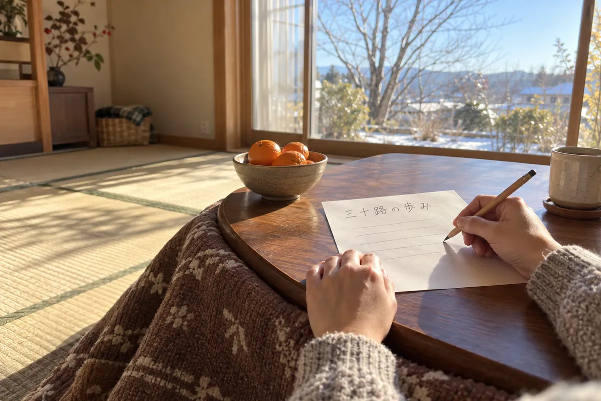 こたつの上のみかんと「三十路の歩み」と書かれた紙