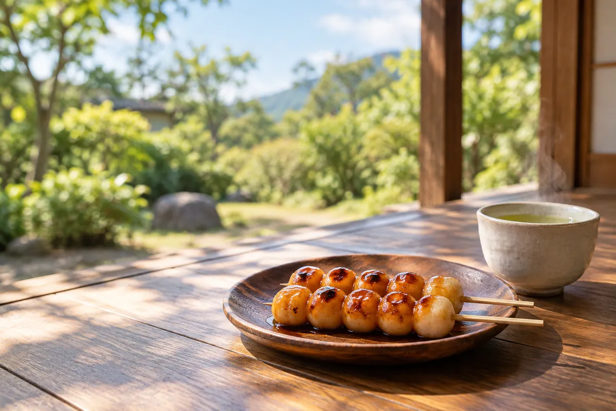 縁側でお茶と並ぶみたらしだんご