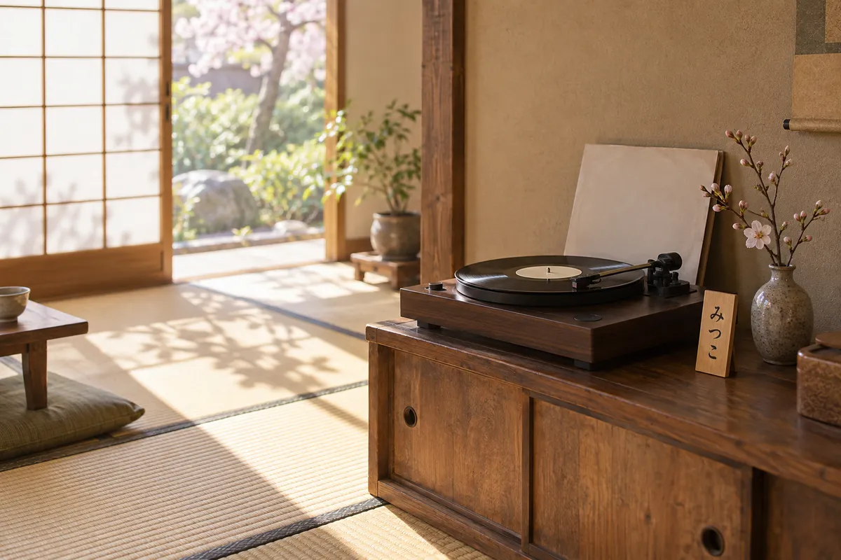 レコードプレーヤーと「みつこ」の木札、春の枝