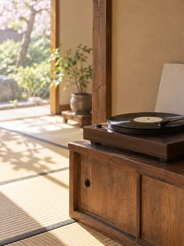 レコードプレーヤーと「みつこ」の木札、春の枝