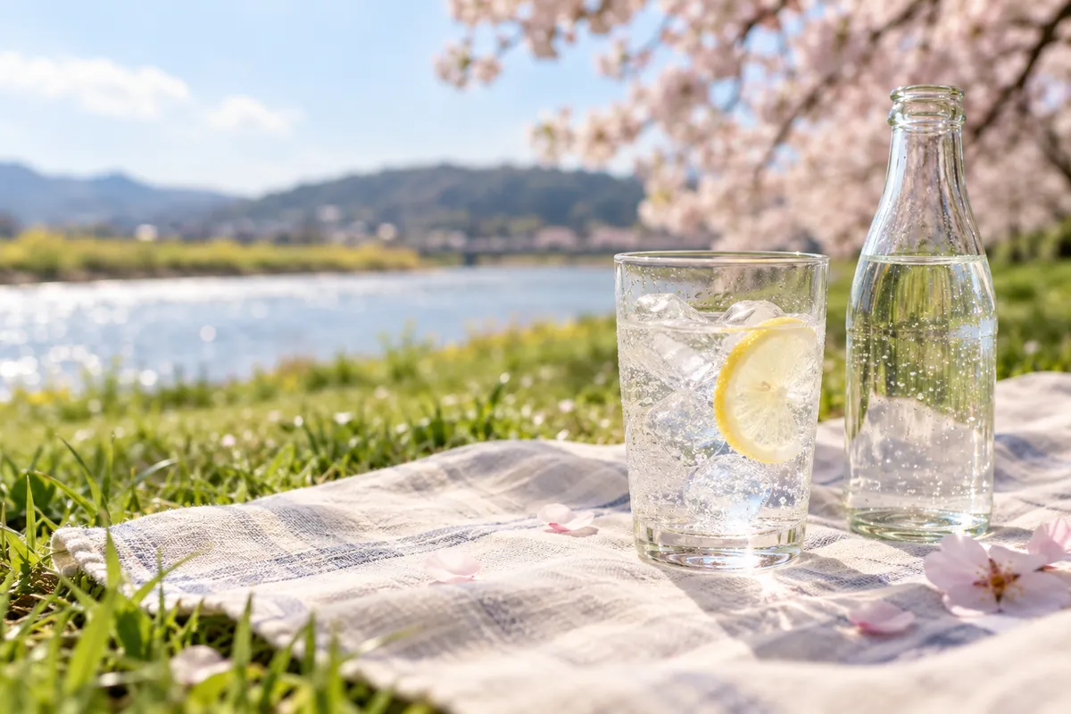春の日なたに置かれた氷入りの透明な炭酸飲料のグラス