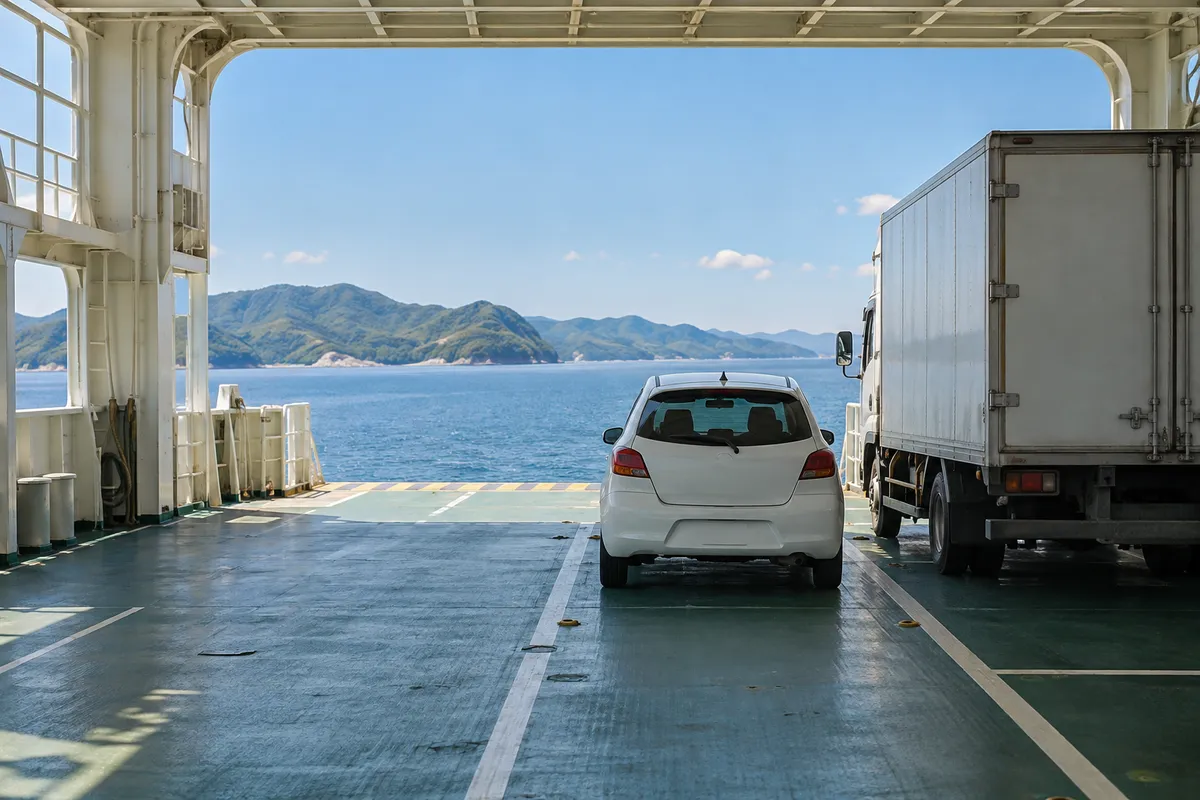 フェリーの車両甲板と穏やかな春の海