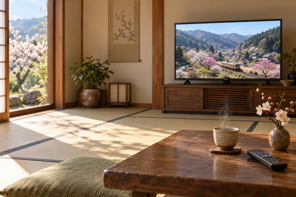 地域の番組が映るテレビと梅の枝のある和室