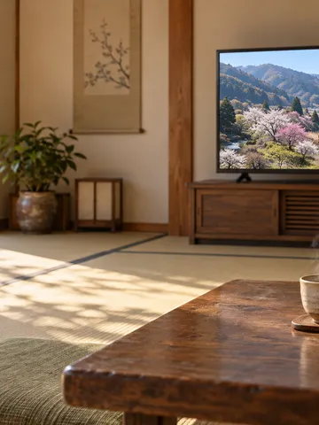 地域の番組が映るテレビと梅の枝のある和室