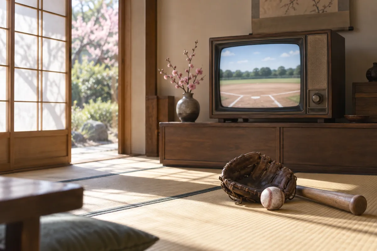 古いテレビと野球グローブ、ボールのある居間