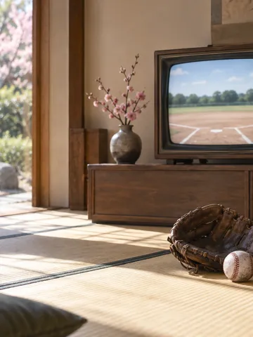 古いテレビと野球グローブ、ボールのある居間