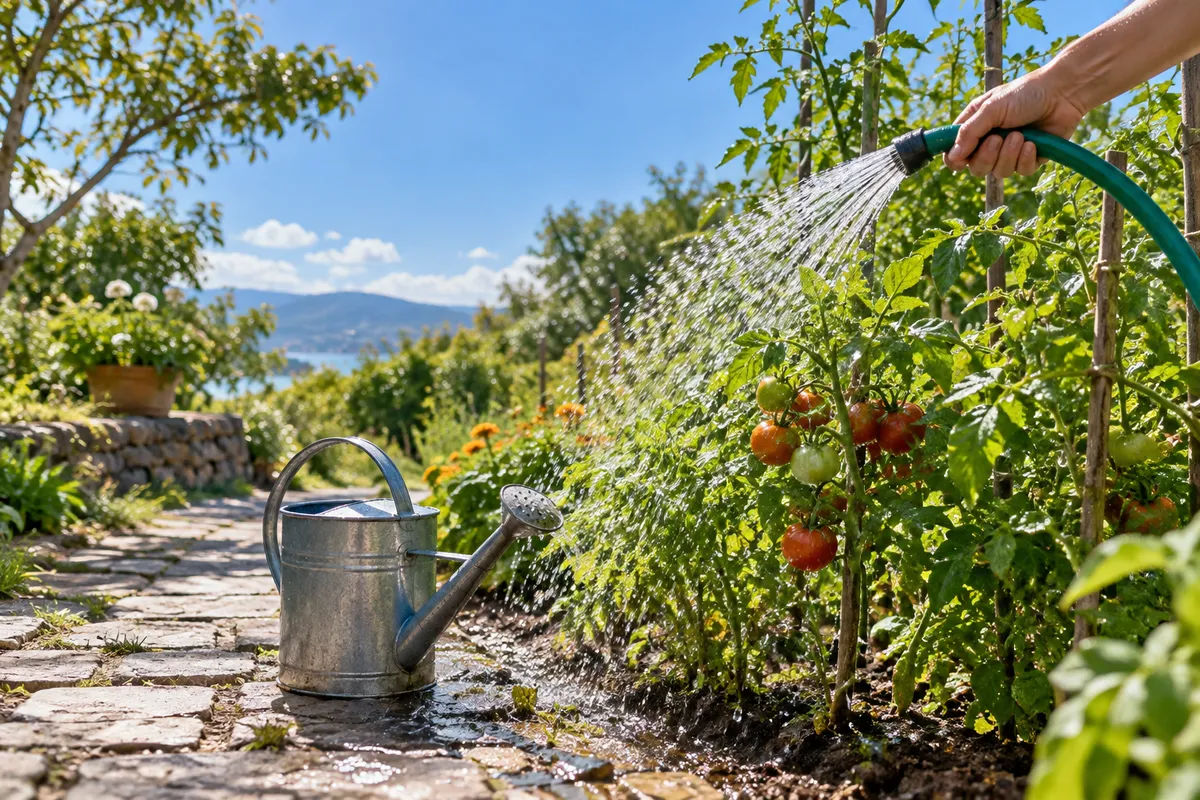 夏の日差しの下、庭の植物に水をやる手元