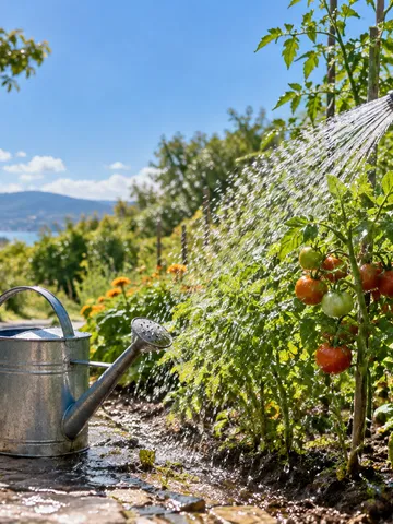 夏の日差しの下、庭の植物に水をやる手元