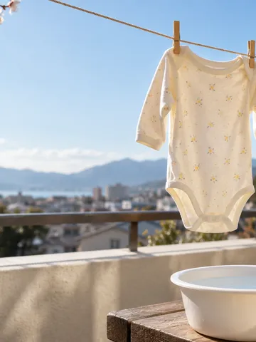 日なたのベランダに干されたベビー服と洗い桶