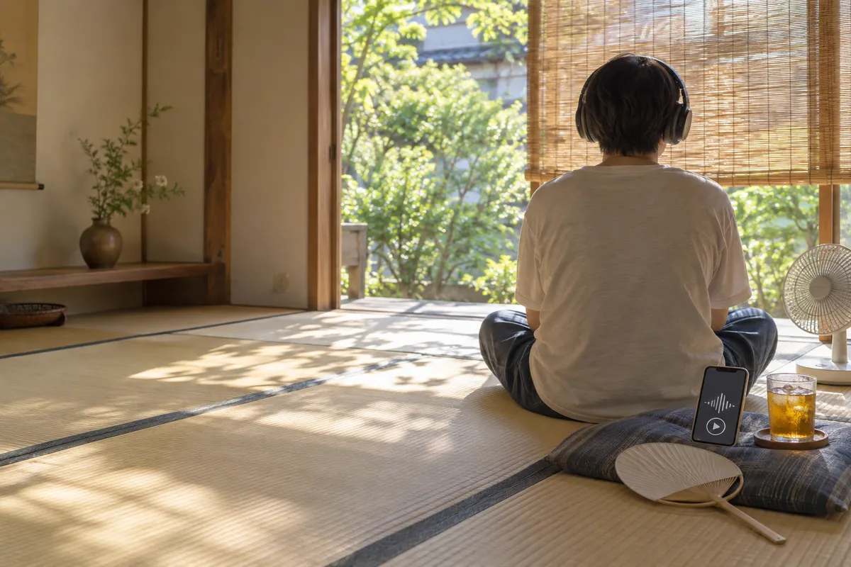 畳の部屋でヘッドホンでラジオを聴く後ろ姿