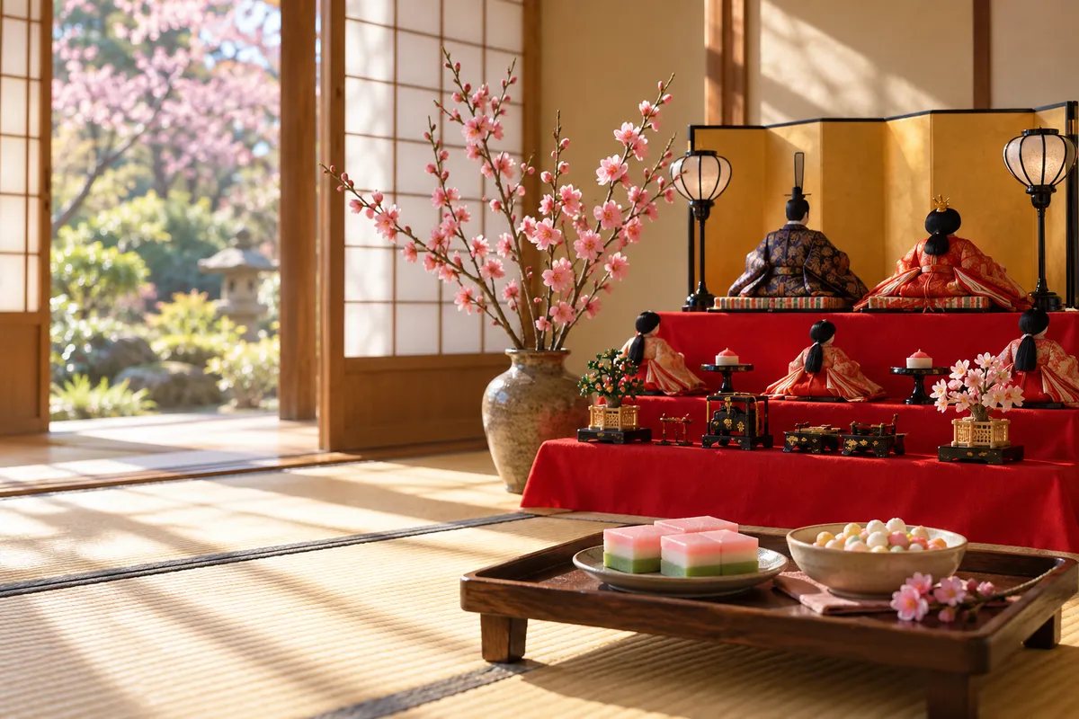 桃の花とひな人形、菱餅を飾った和室