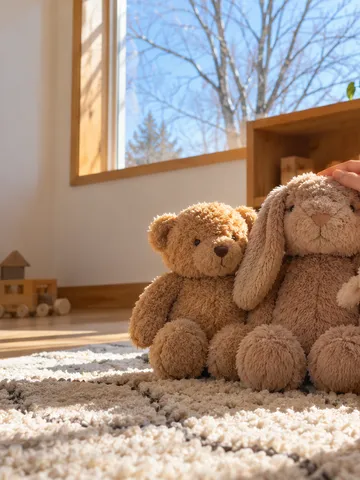 日だまりのラグに並ぶぬいぐるみとみかん
