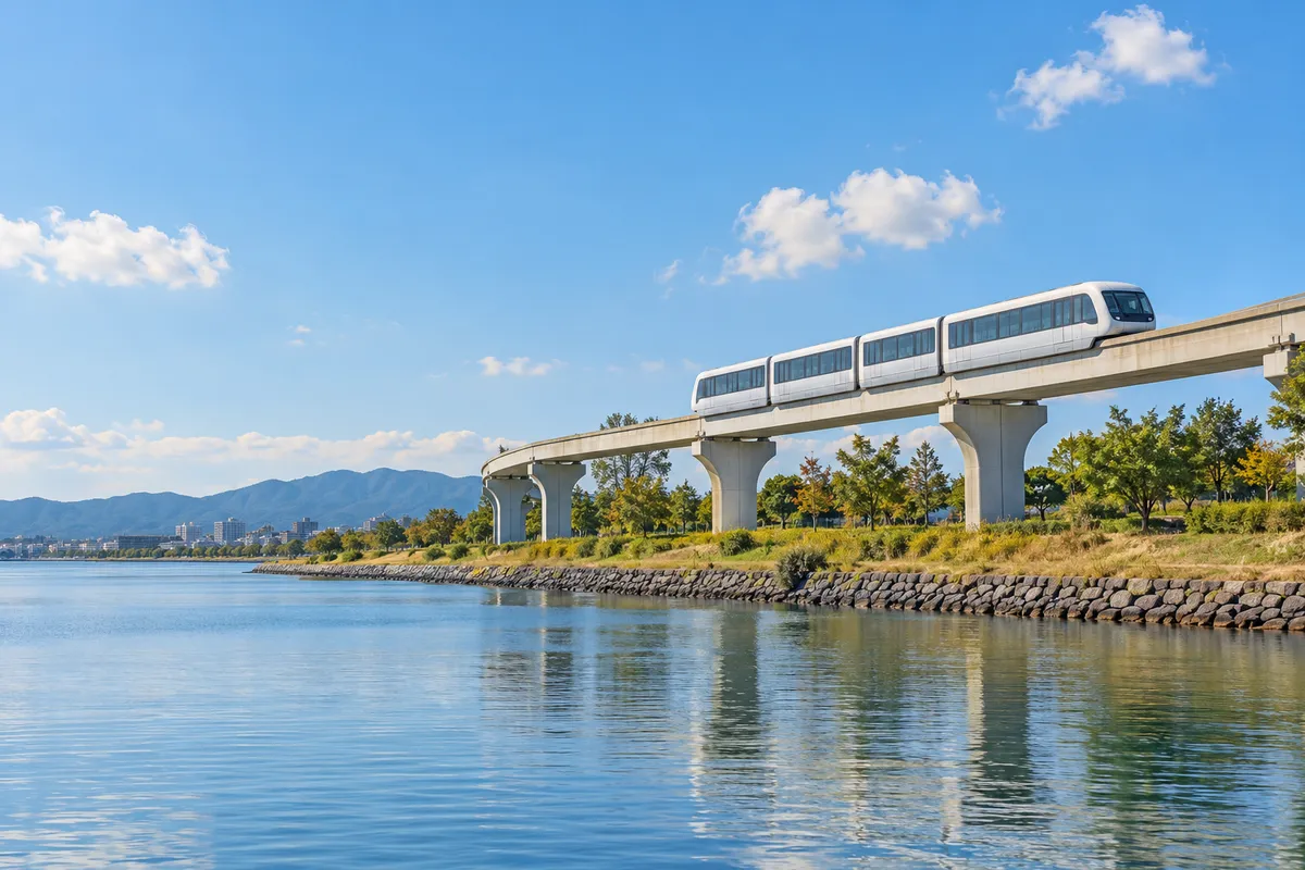 運河沿いの高架を走るモノレール