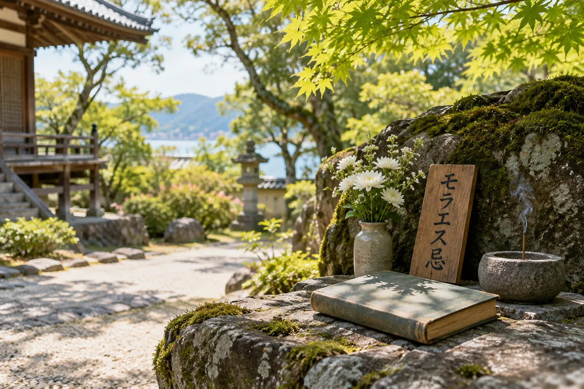 夏の寺の庭に置かれた「モラエス忌」の木札と供花