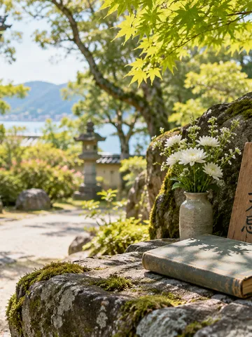 夏の寺の庭に置かれた「モラエス忌」の木札と供花