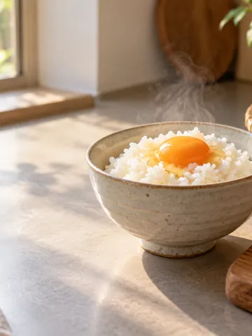 台所で湯気の立つ卵かけごはんと卵のかご