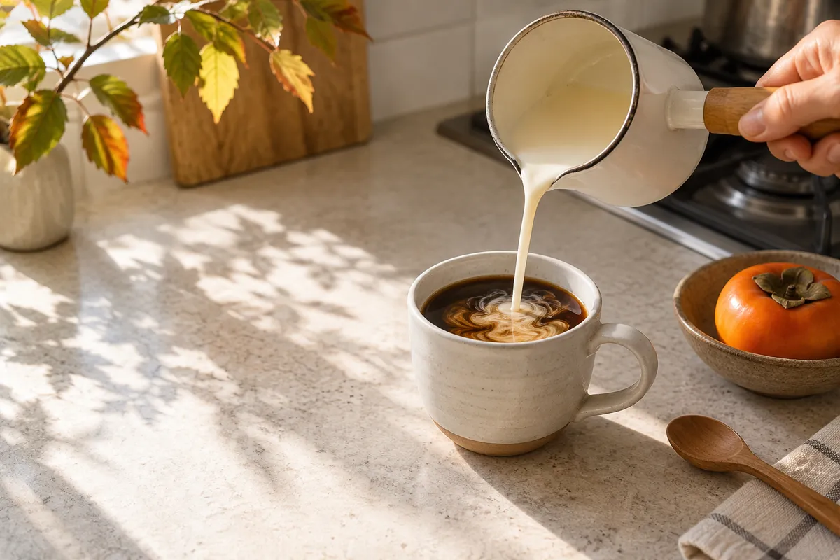 鍋から温めた豆乳をコーヒーに注ぐ手元