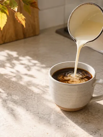 鍋から温めた豆乳をコーヒーに注ぐ手元