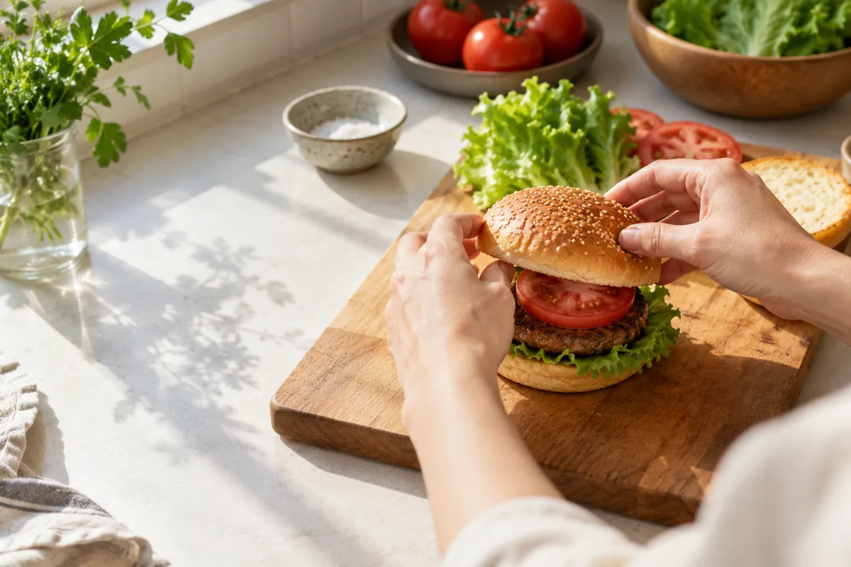 台所でハンバーガーを組み立てる手元