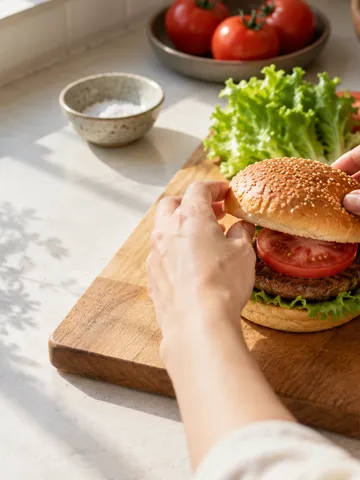 台所でハンバーガーを組み立てる手元