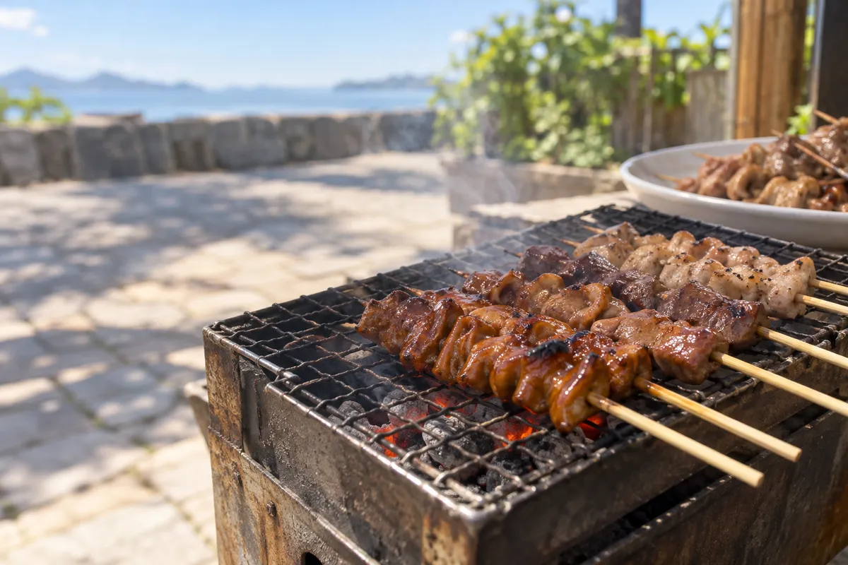 炭火の網で焼かれるもつ焼の串
