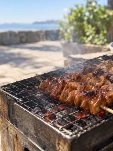 炭火の網で焼かれるもつ焼の串