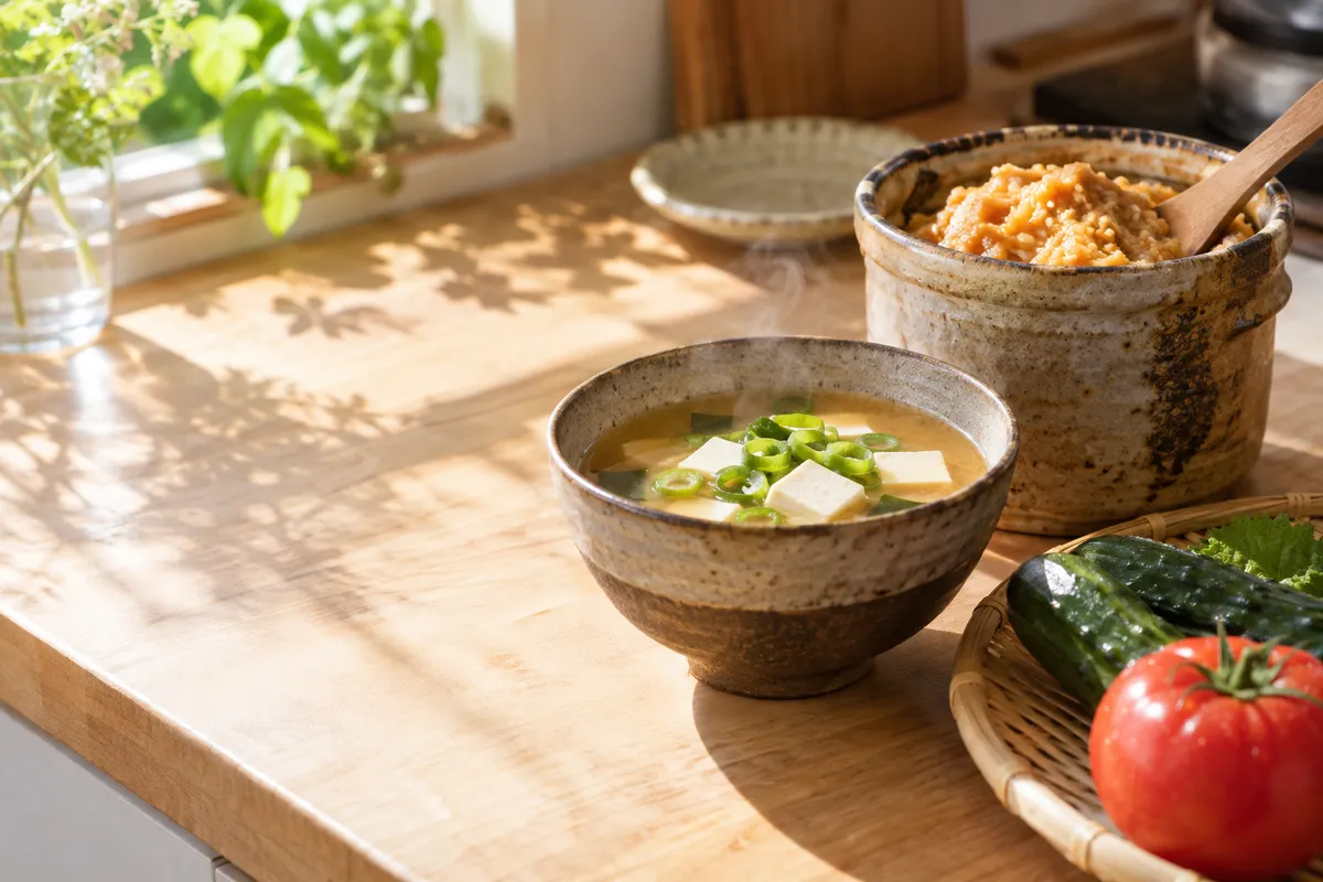 麦みそと湯気の立つみそ汁が並ぶ台所