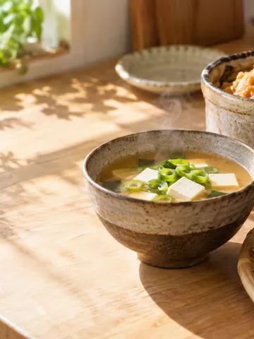 麦みそと湯気の立つみそ汁が並ぶ台所