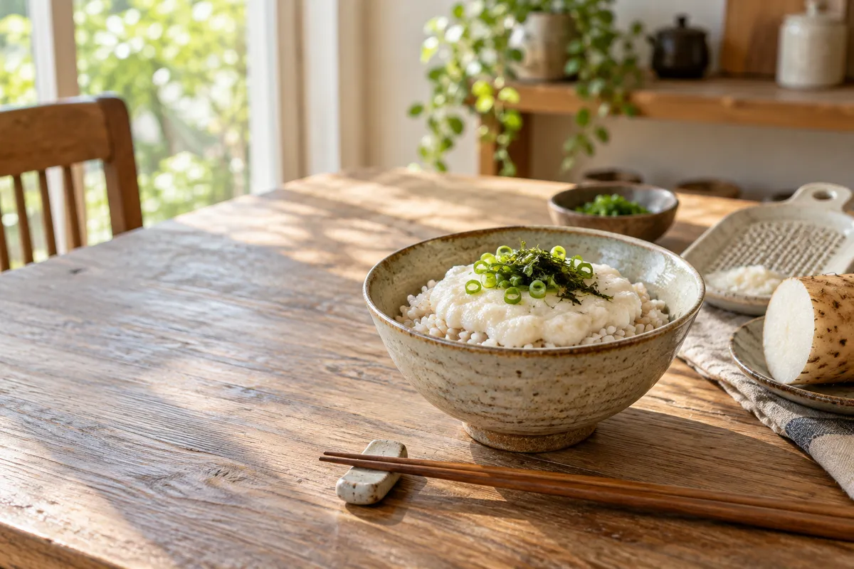 麦ごはんにとろろをかけた器と箸