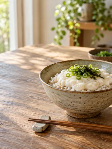 麦ごはんにとろろをかけた器と箸