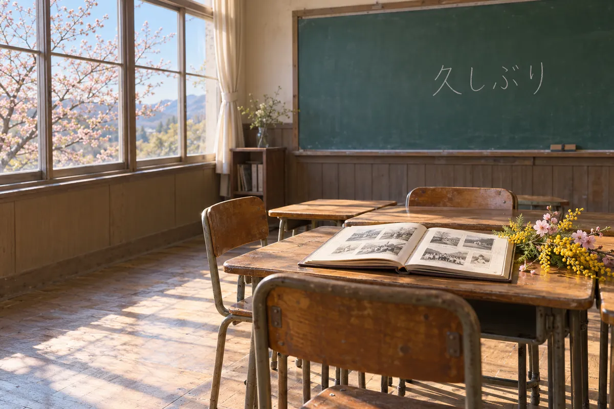 黒板に「久しぶり」と書かれた教室の机と卒業アルバム