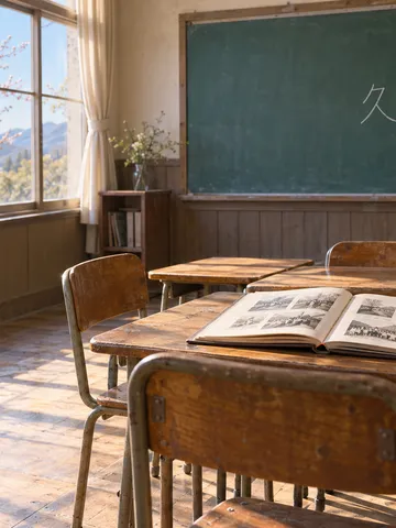 黒板に「久しぶり」と書かれた教室の机と卒業アルバム