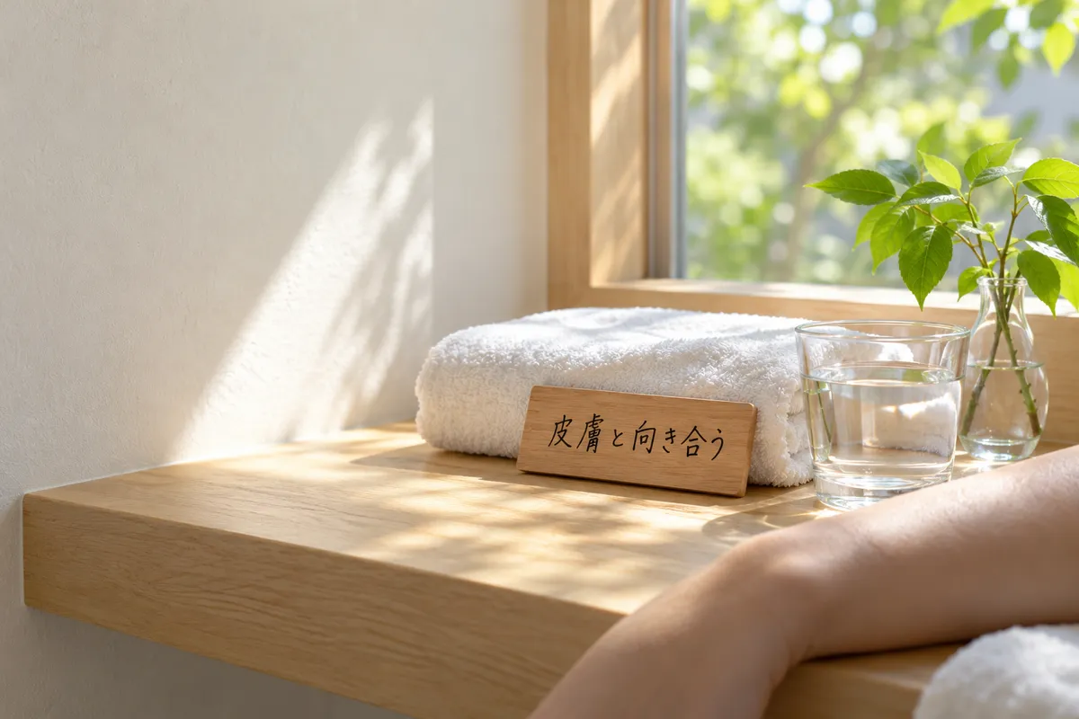 「皮膚と向き合う」の木札とタオルのある浴室の棚